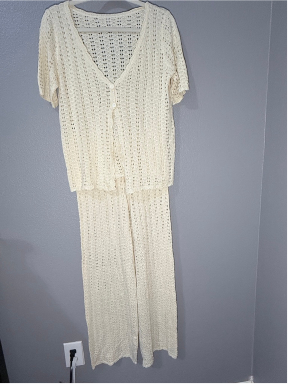 Women's Beige Crochet Knit Top & Pants Set s